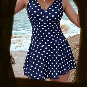 NEW-Never Worn Womens Swimwear Swim dress Bathing Suit Navy Polka Dot One Piece